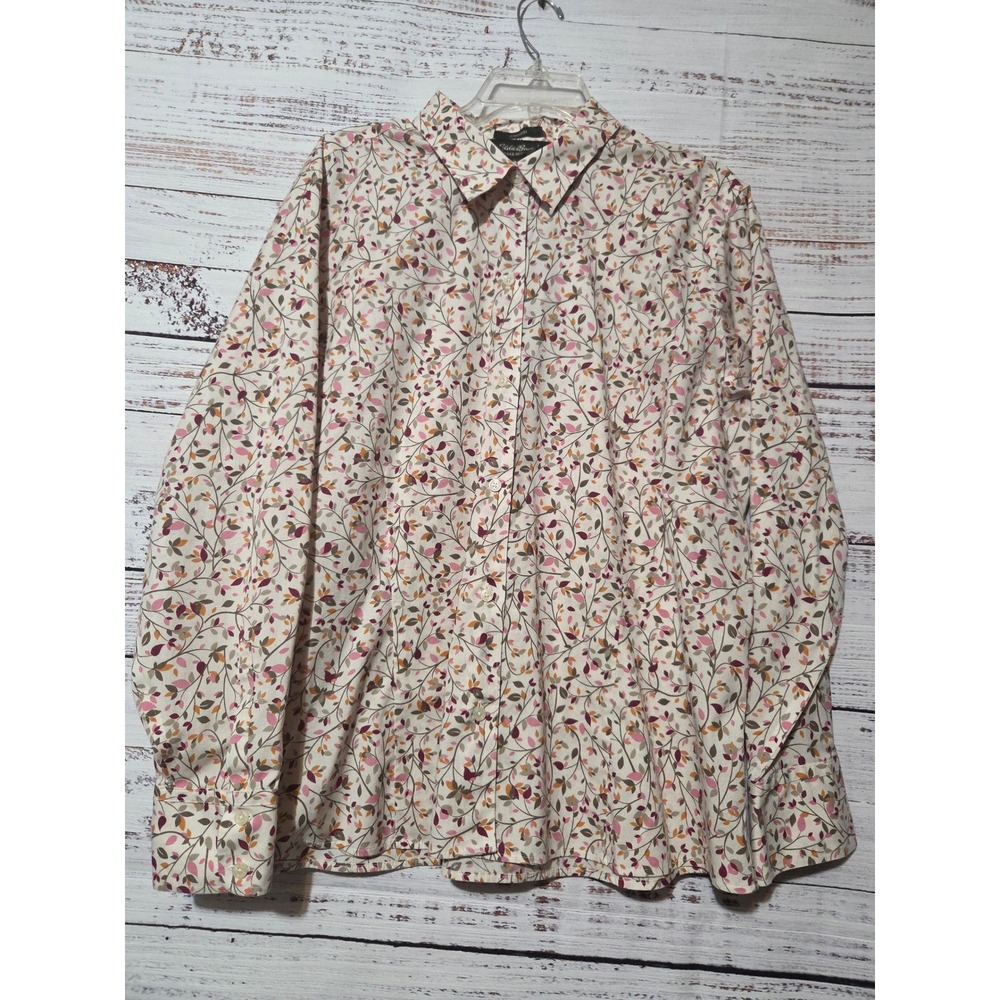 Eddie Bauer Womens XXL Shirt Pink Orange Leaf Print Wrinkle Resistant Stretch
